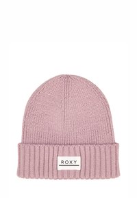 Beanie rosa lavorato a maglia con risvolto a coste e un'etichetta rettangolare bianca con il nome del marchio "ROXY" in testo nero.