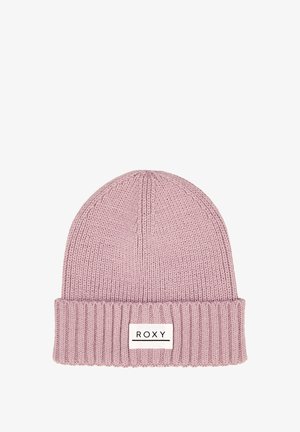 Roze gebreide muts met een ribbelmanchet en een witte rechthoekige label met de merknaam "ROXY" in zwarte tekst.