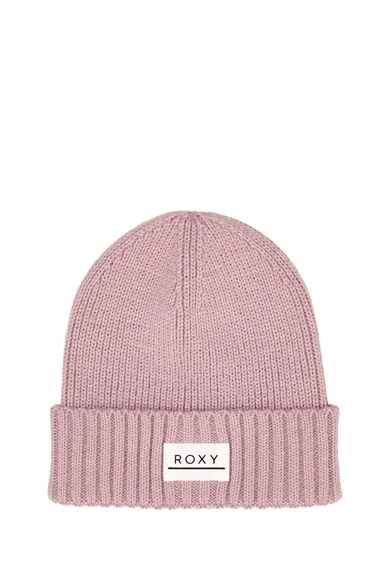 Beanie rosa lavorato a maglia con risvolto a coste e un'etichetta rettangolare bianca con il nome del marchio "ROXY" in testo nero.