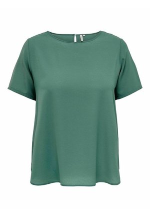 Green short-sleeve top with a relaxed fit, round neckline, and a back keyhole detail. Smooth texture and lightweight fabric.