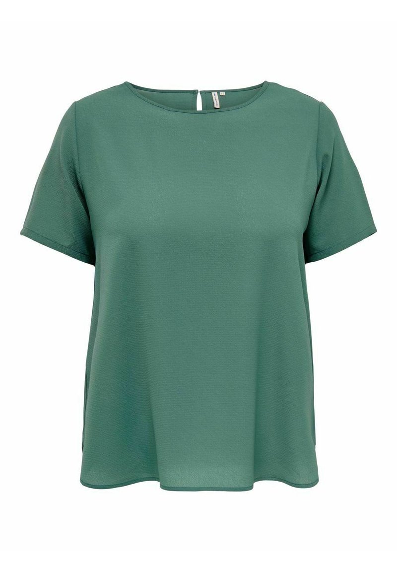Top verde a maniche corte con una vestibilità rilassata, scollatura rotonda e dettaglio a chiave sul retro. Tessuto morbido e leggero.
