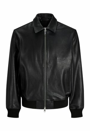 Black leather bomber jacket with front zipper, ribbed cuffs, and waistband, featuring a classic collar and side pockets.