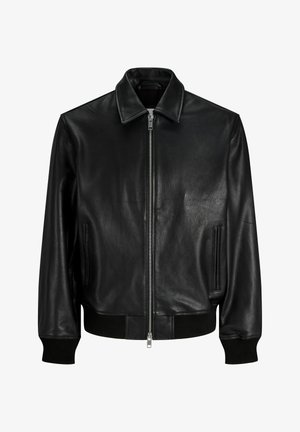 Čierna kožená bomber bunda s predným zipsom, rebrovanými manžetami a pásom, s klasickým golierom a bočnými vreckami.