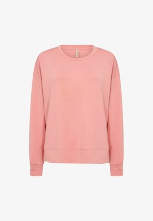 Šviesiai rožinė džemperis, pagamintas iš minkštos medžiagos, su apvalia iškirpte, laisvu siluetu ir ilgomis rankovėmis su darbiniais kraštais bei apačia.