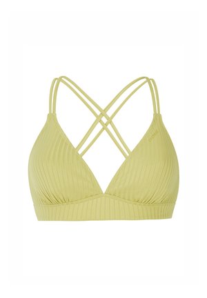 Geltonas gofruotas bralette'as su trikampiais puodeliais, plonomis kryžminėmis juostelėmis ir vientisa juosta. Medžiaga atrodo lygi ir šiek tiek tekstūruota.