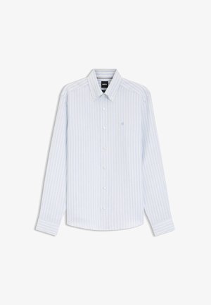 Vaaleansininen ja valkoinen raidallinen pitkähihainen nappipaita, jossa on nappikaulus, etunapit ja hillitty logo rinnassa.