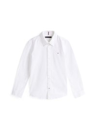 Biała koszula z długim rękawem, zapinana na guziki, z wywiniętym kołnierzykiem, z małym logo na lewej piersi oraz paskowanym detalem wewnątrz kołnierzyka.
