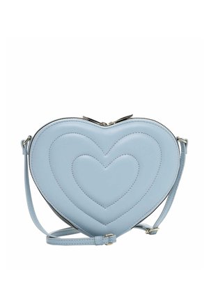 Light blue heart-shaped crossbody bag with stitched heart pattern and adjustable strap against white background.