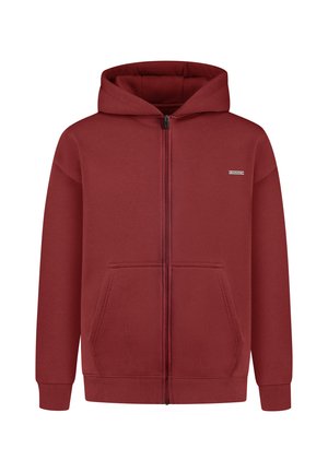 Rode rits hoodie gemaakt van katoenmix. Heeft een rits aan de voorkant, grote zakken, geribde mouwen en een capuchon met trekkoord.