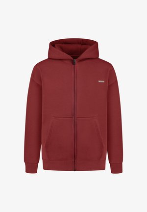 Sudadera roja con cremallera hecha de una mezcla de algodón. Cuenta con una cremallera delantera, grandes bolsillos, puños acanalados y capucha con cordón.