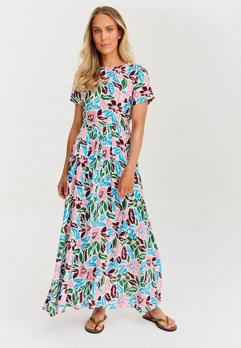 Maxi šaty s krátkymi rukávmi, s kvetinovým vzorom v ružovej, modrej, zelenej a burgundskej farbe na svetlom pozadí; vyrobené z mäkkej látky.