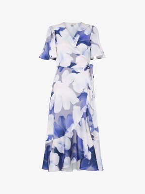 Virágmintás, világos lila és kék árnyalatú, rakott ruházat. Rövid fodros ujjakkal, derékon megkötővel és réteges kialakítású, lebegő szegéllyel rendelkezik.