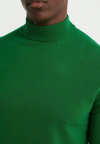 Pull à col roulé vert, coupe ajustée, fabriqué en tissu maille lisse. Présente un col côtelé et des épaules sans coutures.