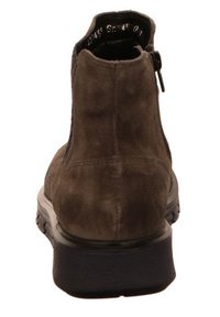 Braune Wildlederstiefelette mit einer schwarzen Gummisohle, Reißverschluss und einer glatten Textur. Verfügt über einen leichten Absatz und ein sauberes, minimalistisches Design.