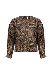 Haut à imprimé léopard avec manches longues, col rond et fermeture au dos. Tissu léger avec une texture lisse et une coupe courte.