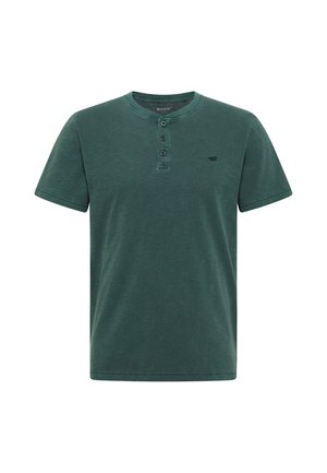 Dark green short-sleeve henley T-shirt with three buttons and a small horse logo on the left chest.