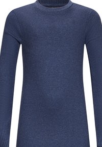 Maglione a maniche lunghe in maglia a coste di colore blu navy, con scollatura tonda e un discreto logo ricamato sul petto.