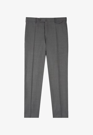 Grijze broeken van gestructureerde stof met een flat front, voorzien van een knoopsluiting, ceintuurlussen, zakken en een getailleerde pasvorm.