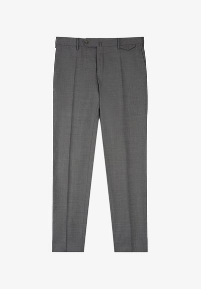 Grijze broeken van gestructureerde stof met een flat front, voorzien van een knoopsluiting, ceintuurlussen, zakken en een getailleerde pasvorm.