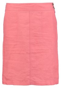 Vaaleanpunainen pellavahame, jossa on kaksi etutaskua, suora muotoilu, nappiyksityiskohta vyötäröllä ja hieman teksturoitu kangaspinta.