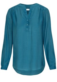 Blusa lunga teal a maniche lunghe con scollo a V, placket con tre bottoni, dettaglio delle spalle arricciato e orlo curvo.