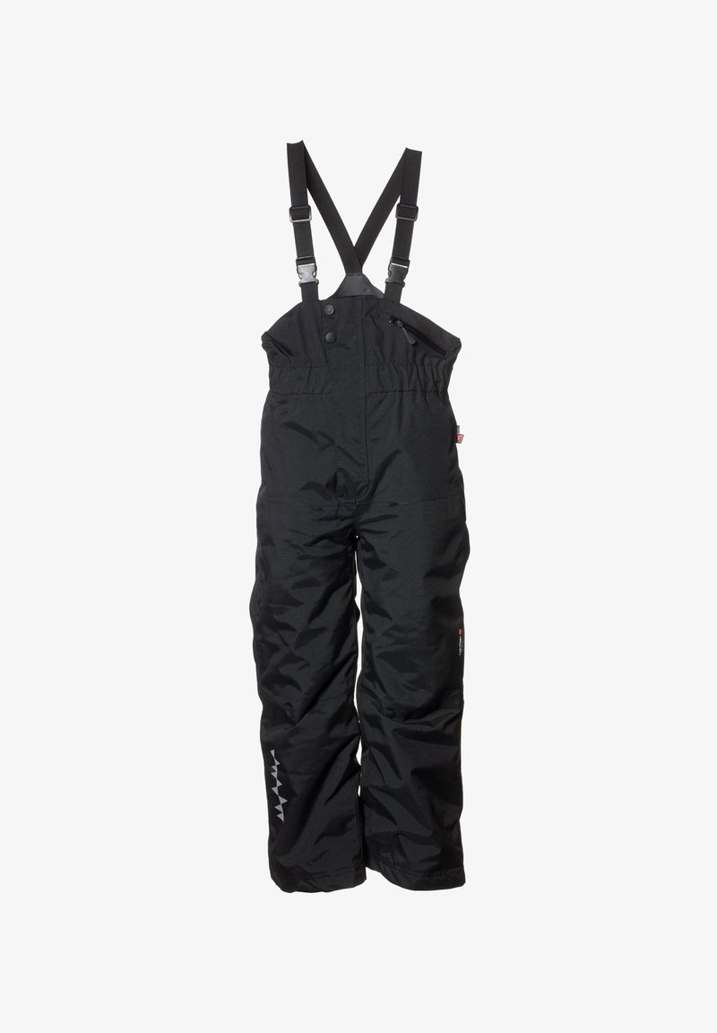 Sorte isolerede bib overalls med justerbare seler, lynlåslomme og et slankt, struktureret stof. Har reflekterende accenter på benet.