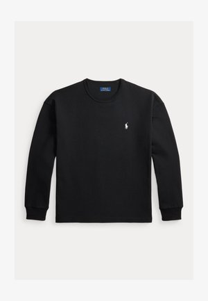 Sweat-shirt noir à manches longues avec col rond, petit logo Polo Ralph Lauren blanc sur la poitrine gauche et poignets côtelés.