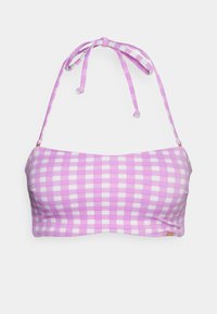 Top de bikini xadrez roxo e branco com alças ajustáveis, design bandeau e um pequeno logo na parte inferior direita.