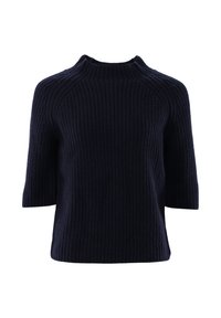 Marineblauer Strickpullover mit hohem Kragen, kurzen Raglanärmeln und einem strukturierten Rippmuster. Der Saum endet auf Taillenhöhe.