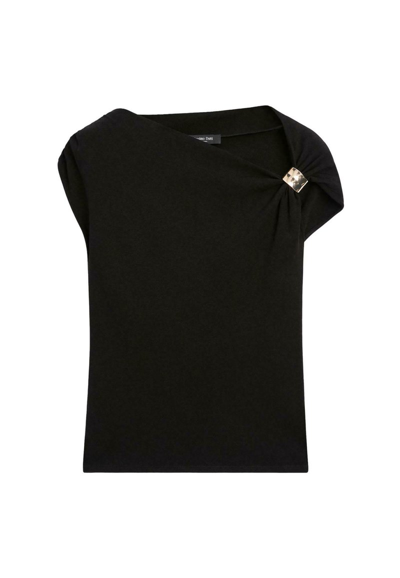 Black short-sleeve top with an asymmetrical neckline and a gold-tone accent at the shoulder. Soft material with a smooth texture.