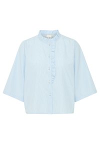 Cămașă butonată de culoare albastru deschis, cu mâneci scurte, având dungi verticale albe și volan pe placket-ul butoanelor. Material din bumbac.