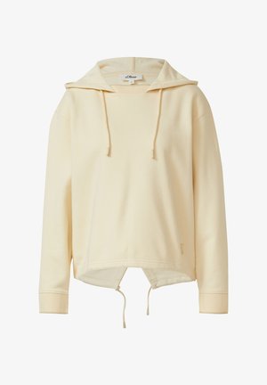 Kremowa bluza z kapturem z długimi rękawami, regulowanymi sznurkami przy kapturze i dole oraz małym logo przy dolnym brzegu.