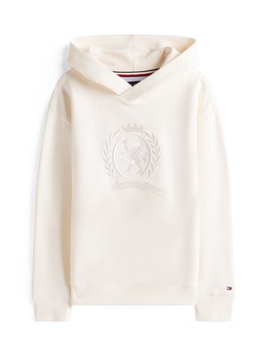 Sudadera con capucha color crema, con logo texturizado, dobladillos acanalados y un cuello interior a rayas. Fabricada con un tejido suave y un diseño de corte relajado.