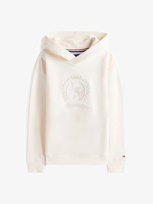 Krämsfärgad huoodie med texturerad logotyp, ribbade avslut och randig inre krage. Tillverkad av mjukt tyg, avslappnad passform.