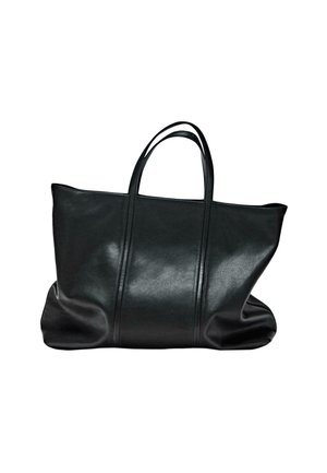 Large black leather tote bag with two handles, featuring a smooth texture and minimalist design, no visible logos or patterns.