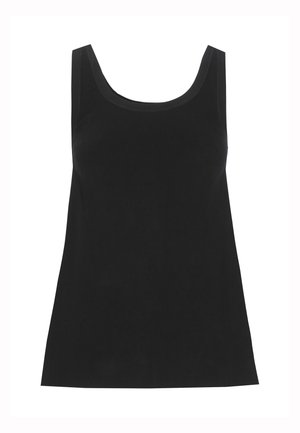 Zwarte mouwloze geribbelde tanktop met brede schouderbanden en een ronde halslijn, getoond op een witte achtergrond.