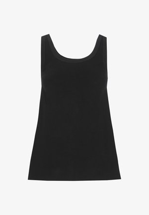 Schwarzes ärmelloses, fein geripptes Tanktop mit breiten Schulterträgern und einem runden Ausschnitt, dargestellt auf weißem Hintergrund.