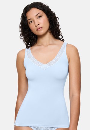 Light blue tank top with a lace-trimmed V-neckline and slim straps, made from soft fabric, featuring a form-fitting design.