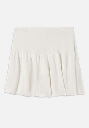 White pleated mini skirt made from knit fabric, featuring a textured ribbed upper section and smooth lower flared design.