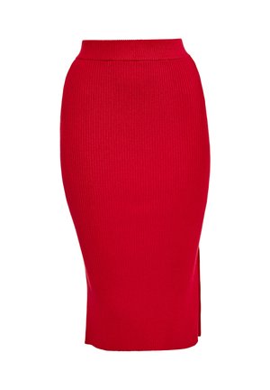 Red ribbed midi skirt with a fitted silhouette, featuring a side slit and a high waistband for a sleek design.