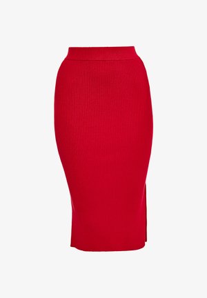 Punainen ribbikuosis midi-hame, jossa on vartalonmyötäinen siluetti, sivuhalkio ja korkea vyötärö tyylikkään muotoilun aikaansaamiseksi.
