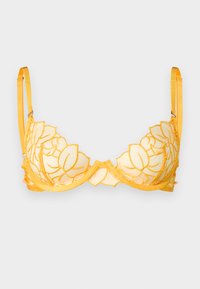 Reggiseno giallo in pizzo con ricami floreali, spalline in satin regolabili e design classico con ferretto. Materiale trasparente con una texture morbida.