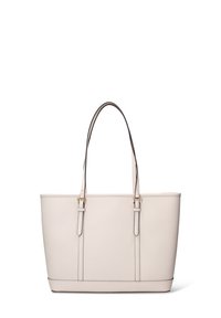 Sac fourre-tout crème clair en matériau synthétique lisse. Dispose de deux longues anses, de ferrures dorées et de détails cousus.