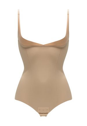Naken bodysuit med brede skulderstropper, glatt tekstur, dyp utringning og justerbar krok-lukking nederst for passform.