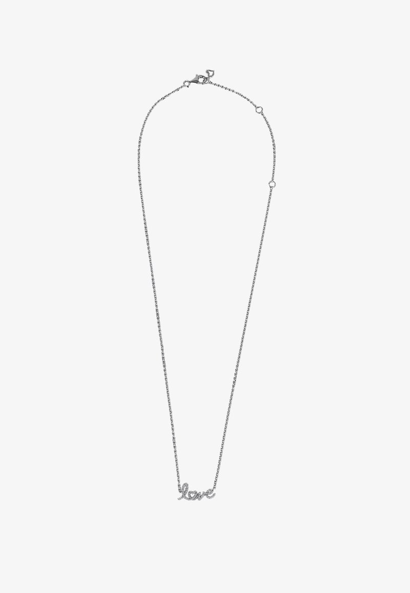 Silberne Kettenhalskette mit einem Anhänger mit dem Wort 'Liebe'. Sie verfügt über ein zartes Kettendesign und einen Karabinerverschluss für eine verstellbare Länge.