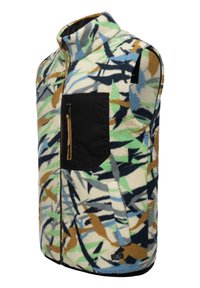 Gilet in pile con un motivo astratto multicolore in tonalità di verde, blu e marrone. Presenta una tasca sul petto con zip nera e colletto alto.