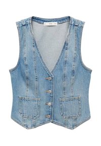 Veste en jean bleu clair, sans manches avec un col en V, cinq boutons sur le devant et deux poches avant. Présente des accents de couture verticale.