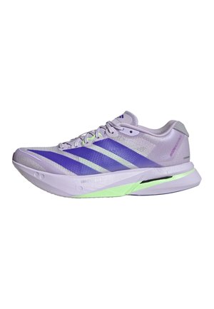 Light purple running shoe with dark purple stripes, green accents, mesh upper, cushioned sole, and branded logo on tongue and heel.