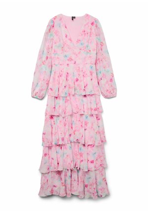 Ilga, sluoksniuota suknelė, pagaminta iš lengvos medžiagos. Suknelė turi rožinį foną su įvairių pastelinių spalvų gėlių raštais, v-formos iškirpimą ir ilgomis rankovėmis.
