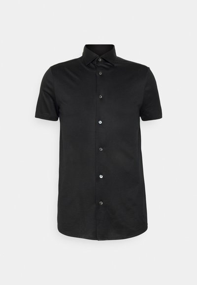 Black short-sleeve shirt with a button-up front, classic collar, and smooth texture. Features shiny black buttons and a curved hem.